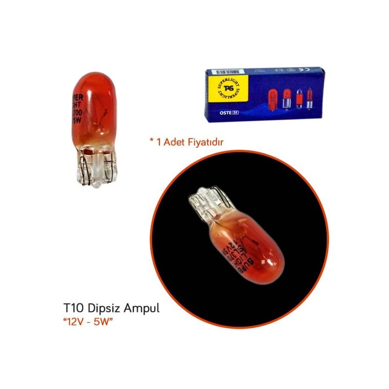 AMPÜL NORMAL DİPSİZ T10 12V 5W AMBER TURUNCU SUPERLIGHT 12T10T SL3700